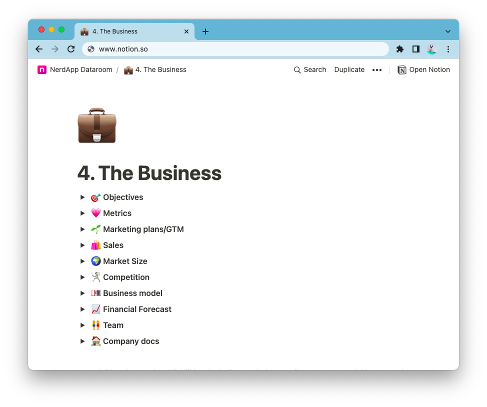 The Business subsection of the NerdApp’s data room.