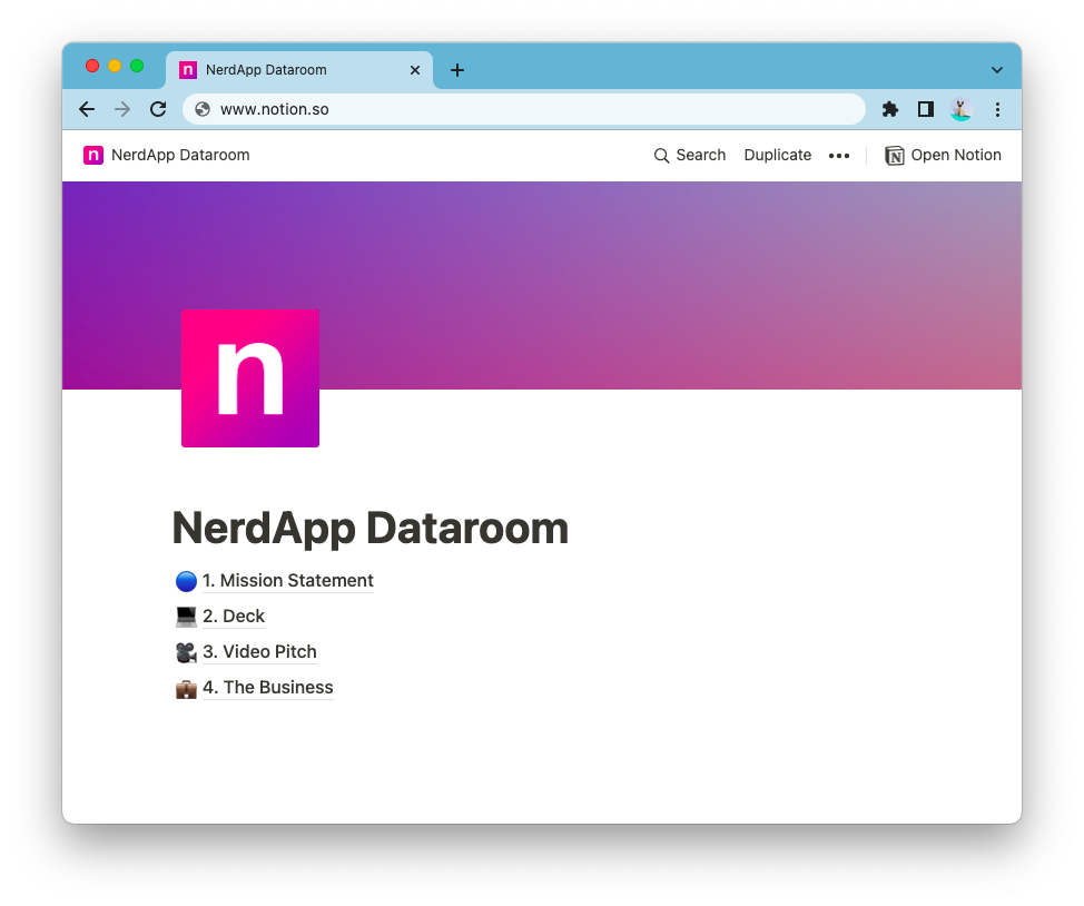 The starting page of the NerdApp’s data room.