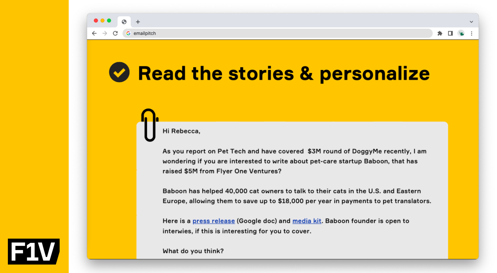 A slide from my presentation with an example of a good email pitch. You shouldn’t attach anything to an email—it’s better to link your Google Doc. 
